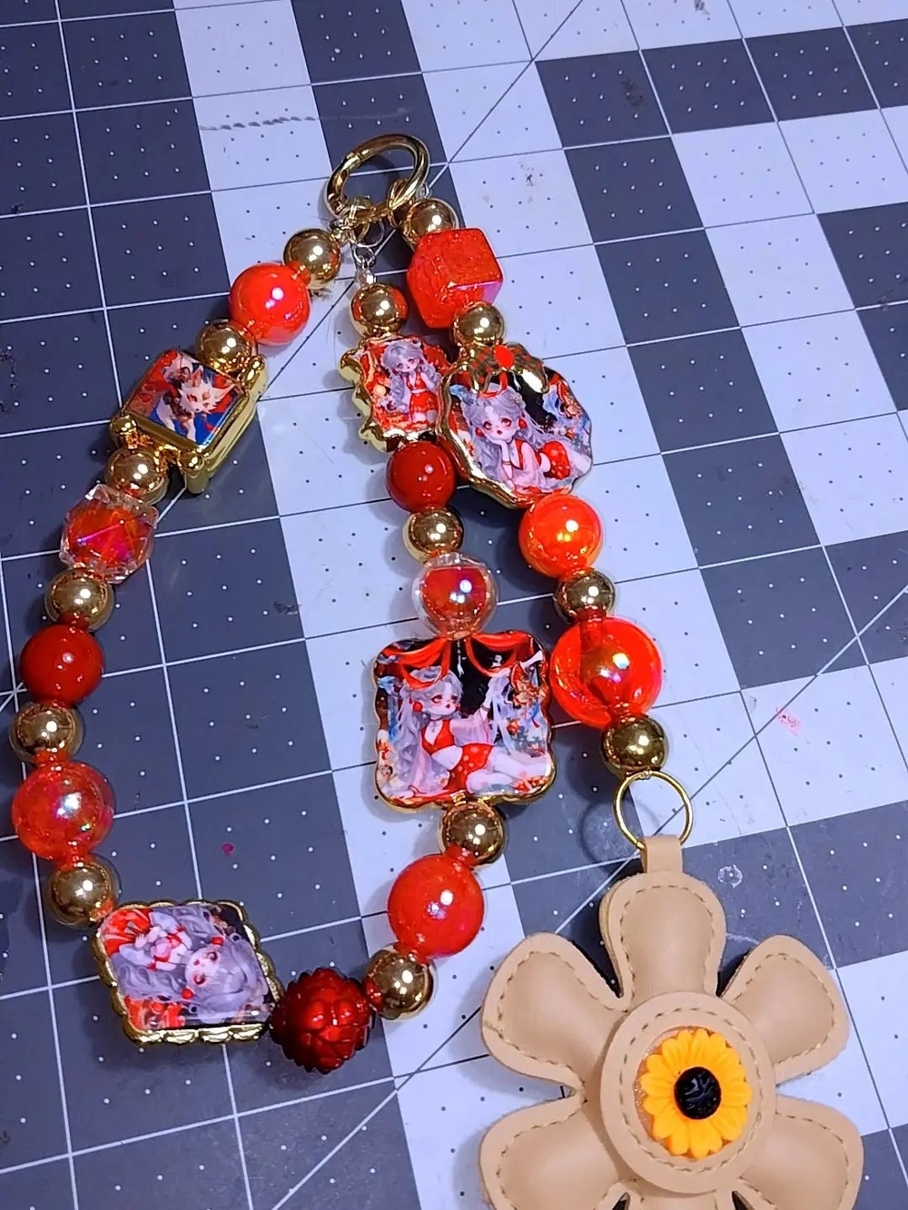Handmade Orange and Gold Beaded Charm Lanyard with Flower Keychain